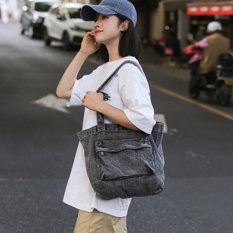 Classic Denim Tote Bag for Women – Lightweight & Durable with Front Zip Pocket, Perfect for Everyday Use