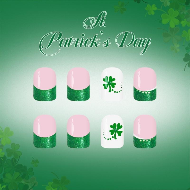 24Pieces Short Fake Nail Light Green Leaf Design Glitters Design French Elegant ABS Artificial Nail for Easy Application