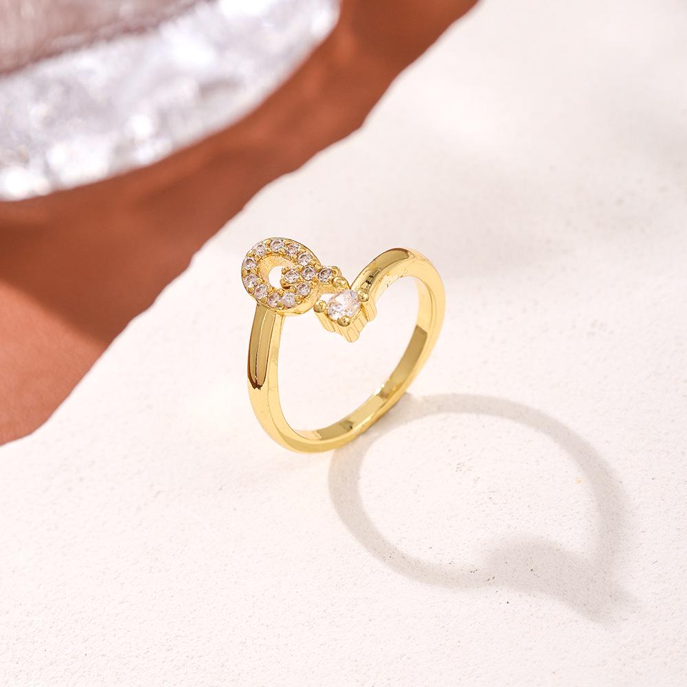 Copper Inlaid Zircon Alphabet Ring: Women's Fashionable Adjustable Open Ring