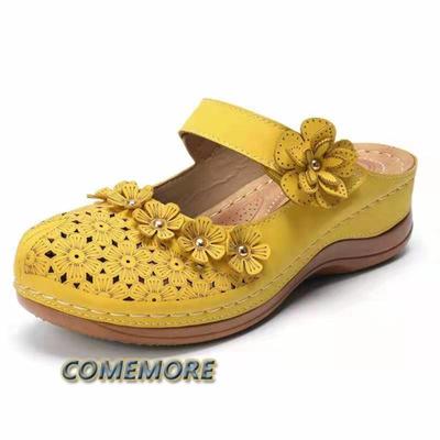 Sandali da Donna Estivi Fatti a Mano Scarpe da Donna Pelle PU Sandali Floreali Scarpe Piatte da Donna Stile Retrò Pantofole da Donna con Fondo Morbido