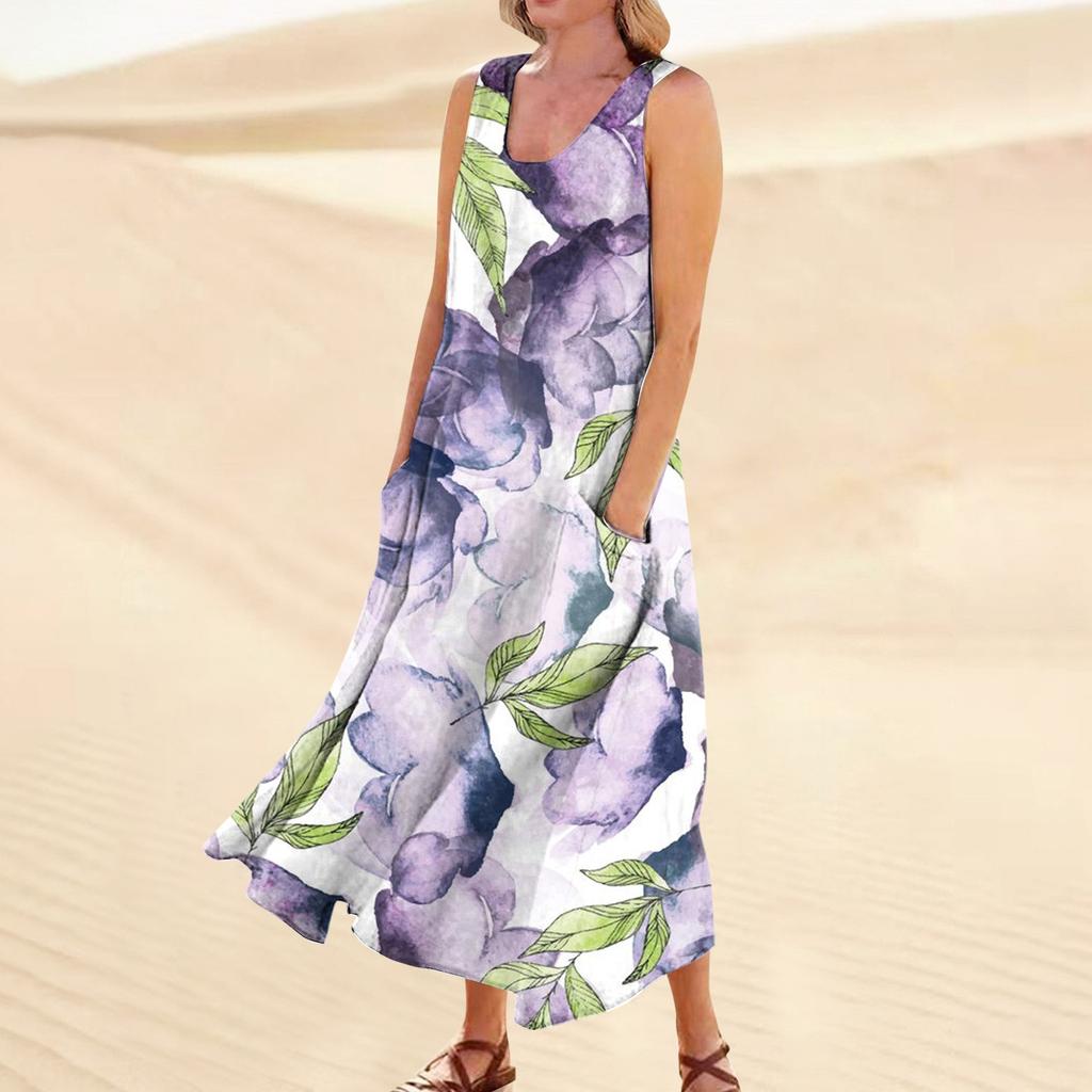 Women's Casual Comfortable Floral Print Sleeveless Cotton Pocket Dress