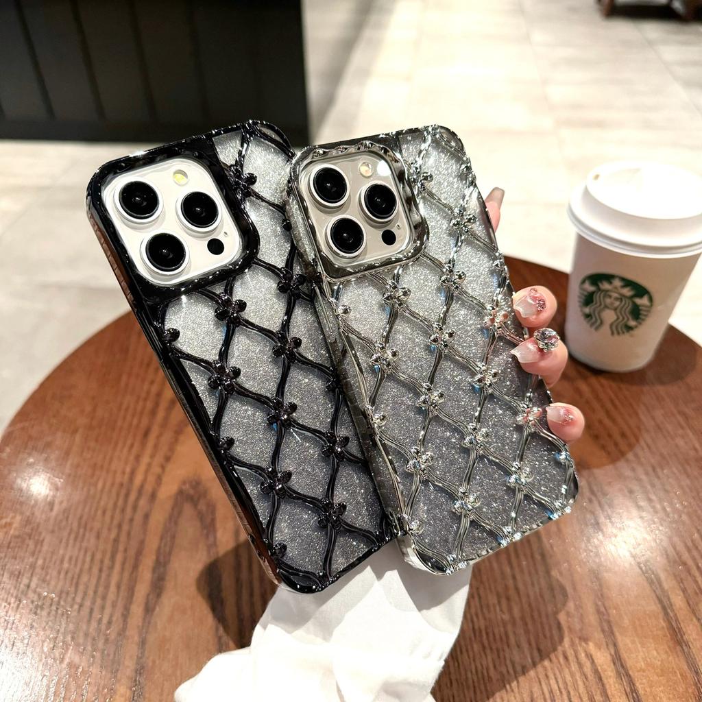 Luksusowe poszycie 3D kwiaty brokatowy proszek etui na telefon iPhone 11 12 13 14 15 Pro Max 12 Pro 13 Pro 14 Pro Max antypoślizgowa miękka TPU okładka