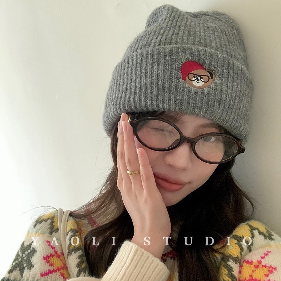 Autumn and Winter Thickened Warm Glasses Puppy Embroidered Knitted Woolen Hat for Women Korean Style Cold Proof Face Showing Small Pullover Hat