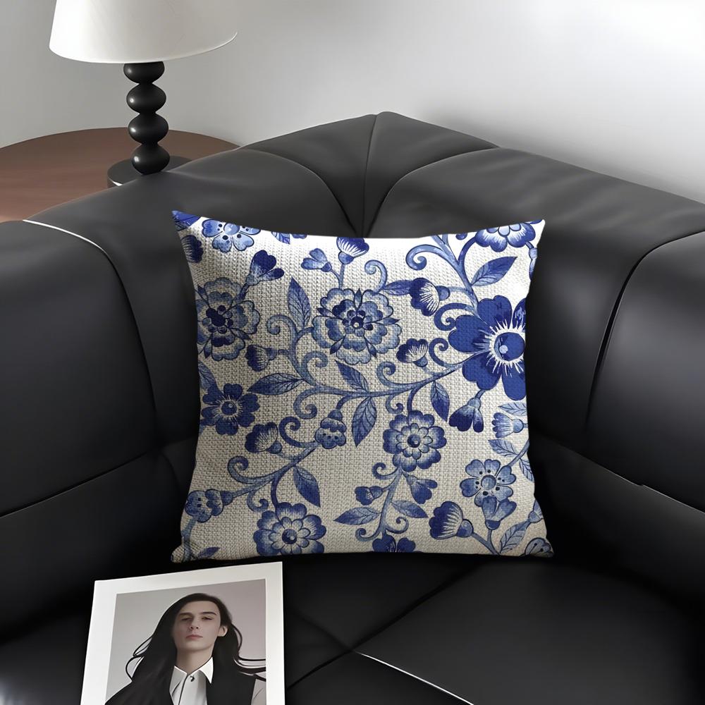 Blue Pattern Hot Cushion Cover Natural Linen Organic Fabric DoubleSided Printing Sofa Home Decor Gift Pillow Case