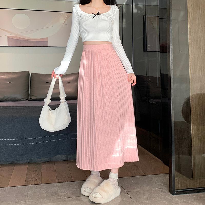 Knitted Pleated Skirt for Women Mid Length High Waisted and Slimming A-line Skirt