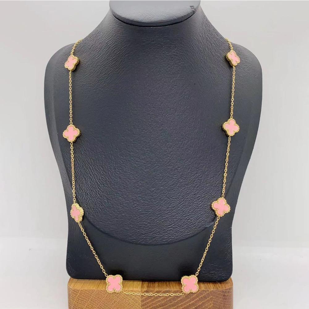 15mm Titanium Steel Four-leaf Flower 10-piece Sweater Chain 60cm Double-sided Lucky Four-leaf Clover Long Necklace розовый