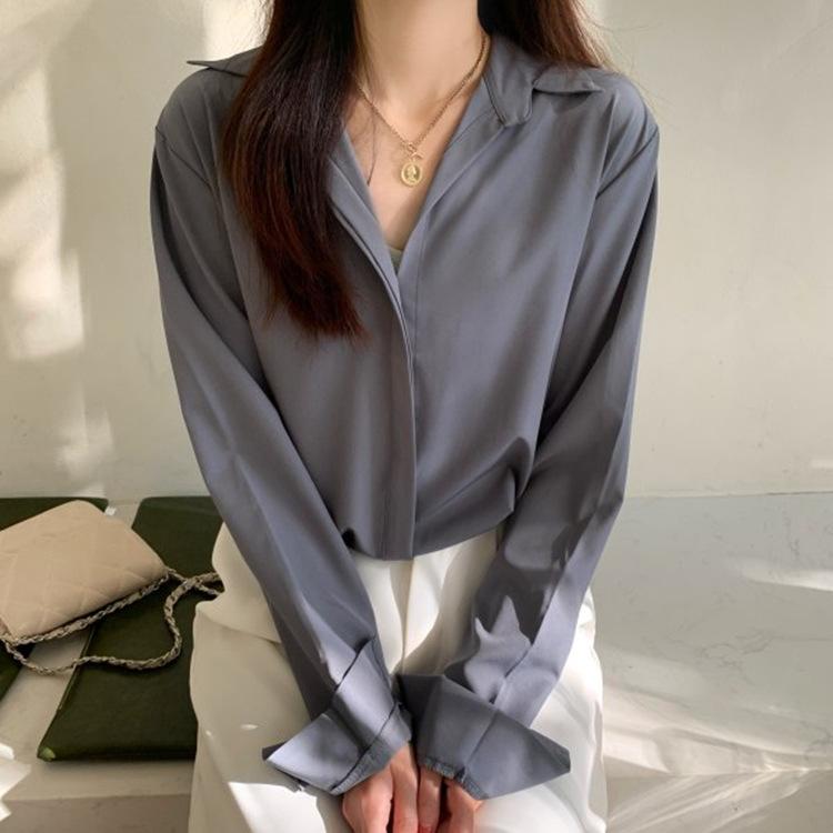 Solid Color Shirt Women's Long Sleeved Top Minimalist Temperament Chiffon Shirt Korean Version