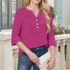 Women's Fashionable Casual Cotton V-Neck Button Three-Quarter Sleeve T-Shirt Top