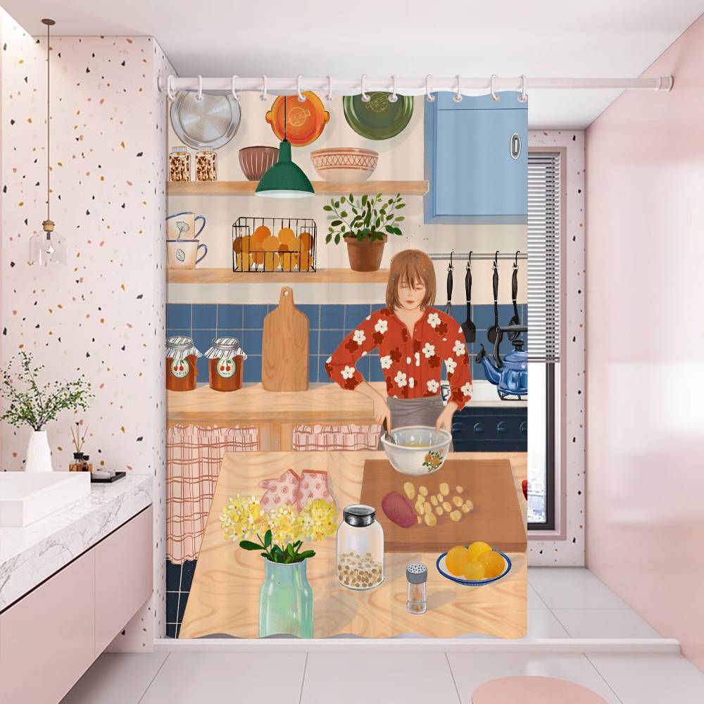 Söta Duschdraperier för Kökstjejer 180cm Polyester Modern Stil Badrumsgardin Med Krokar Vattentätt Roligt Duschdraperi