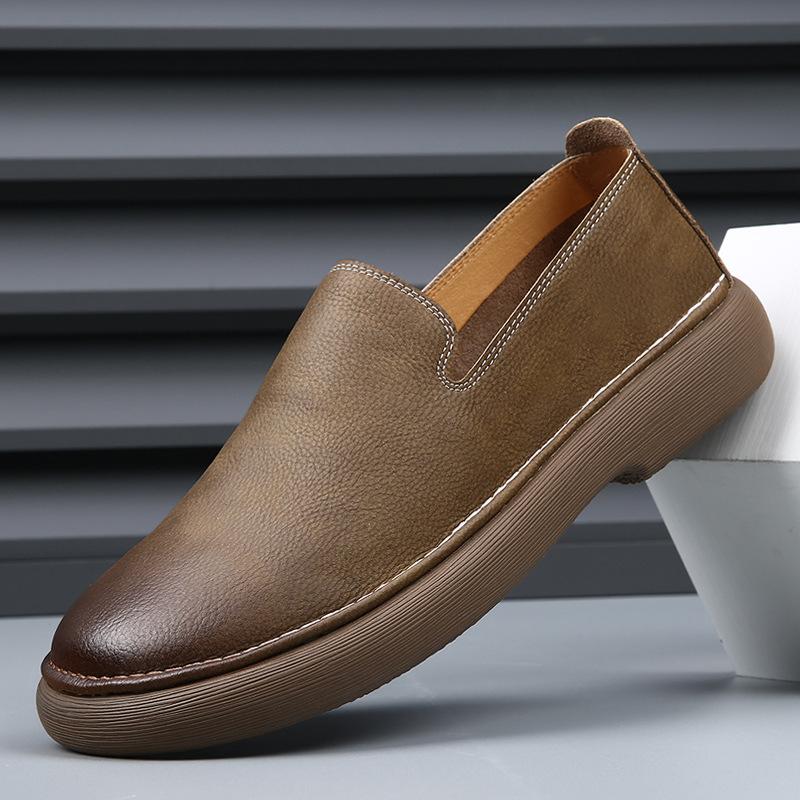 

2025 spring new men s shoes breathable one-pedal lazy casual leather shoes men s retro trend versatile loafers 38 хаки