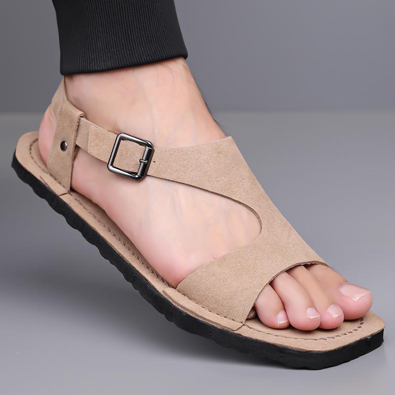 Men Black Sandals Slippers Handmade Simple Flats Summer Roman Sandals Open Toe Beach Shoes Plus Size