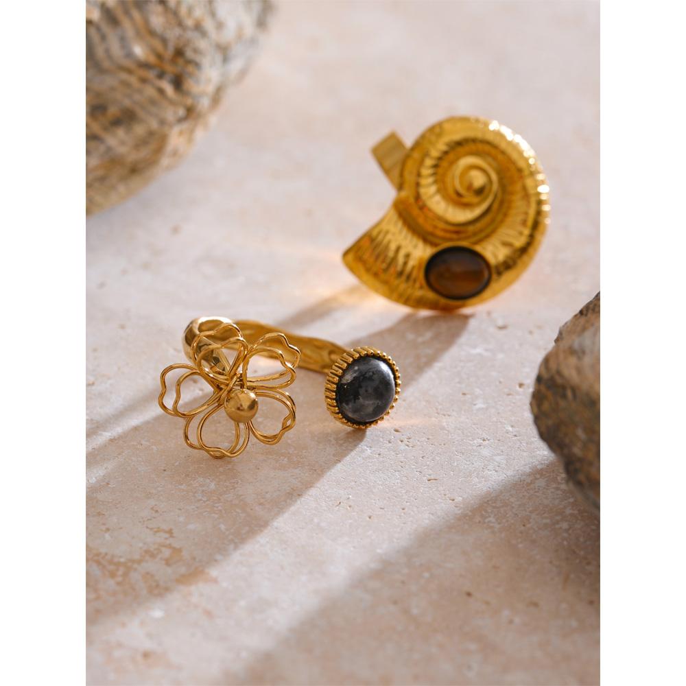 Eetit Natürlicher Spektrolith Tigerstein Muschelblume Offener Verstellbarer Ring Edelstahl Golden Neuankömmlinge Schmuck Geschenk