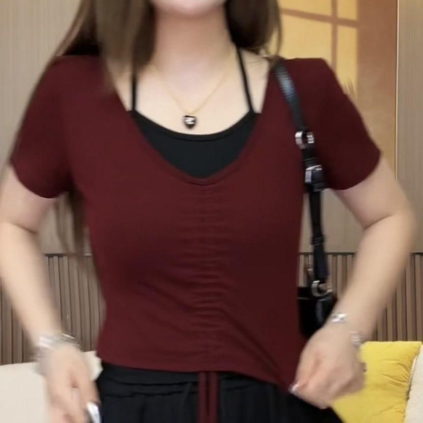 Private Style T Shirt With Drawstring And Pleated Design For Summer Casual Wear