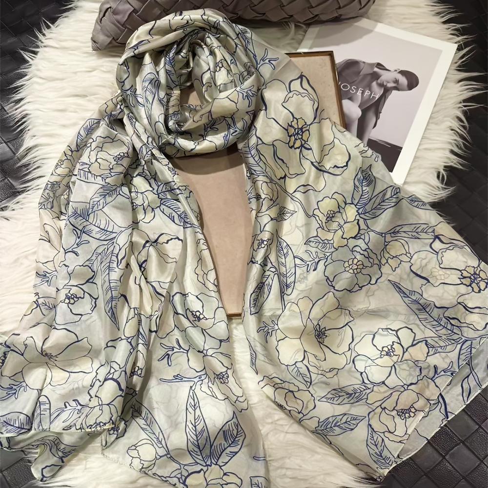 Bysifa|Blue White Silk Scarf Shawl Fall Winter Women Long Scarves Butterflies Design Summer Ladies Beach Silk Wrap Foulard