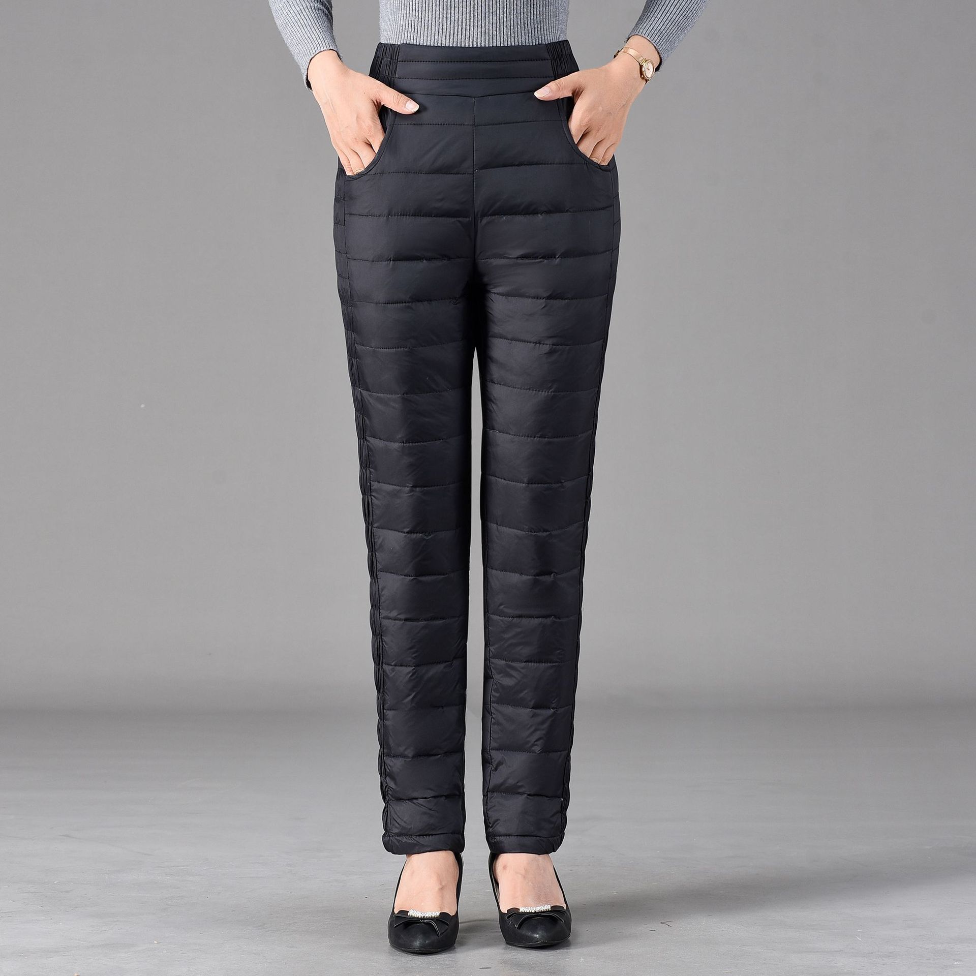 

L~5XL Зимові штани Середнього віку Штани на пуху для людей похилого віку Жіночий верхній одяг із завищеною талією великого розміру плюс оксамитові приталені товсті жіночі бавовняні штани на пуху 5XL чорний