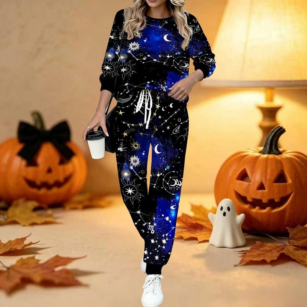 Damen Halloween Print Zweiteiliges Outfit, Langarm Rundhals Oberteil & Jogginghose mit Kordelzug Lässiger Trainingsanzug für Frühling Herbst