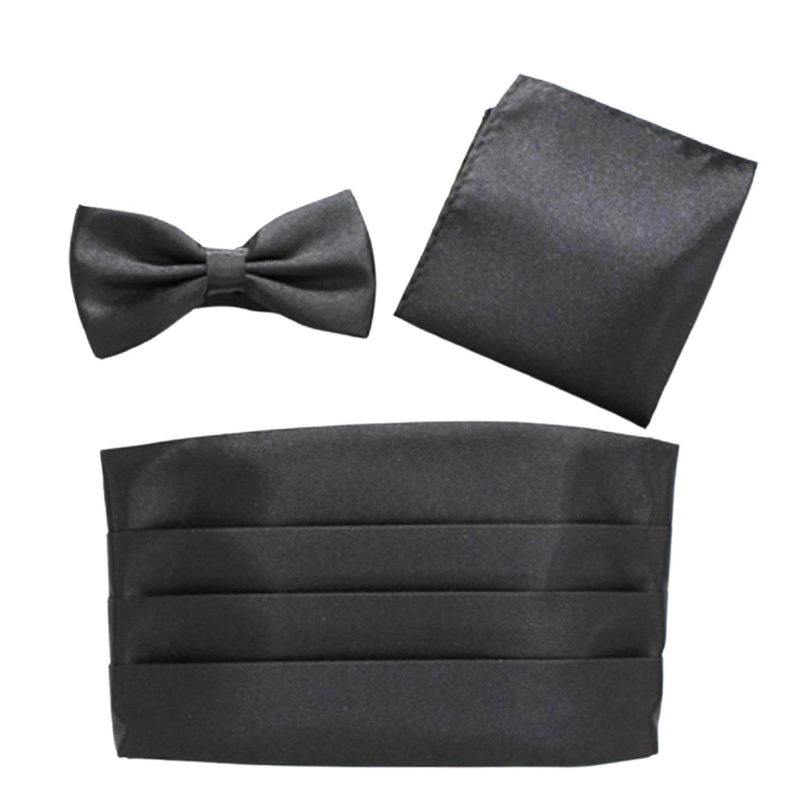

[Miaomyao] Cummerbund, Bow Tie, Pocket Square 3-Piece Set for Men - Formal Wear for Tuxedos - Adjustable Size - Black