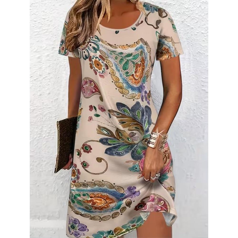 Women's Fashion Vintage Pattern Print Summer Spring Short Sleeve O-Neck Casual Dresses
