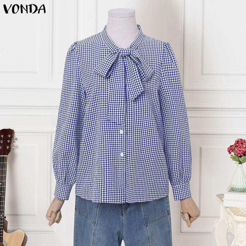 

VONDA Elegant Women Casual Bow Knot Neck Long Sleeve Plaid Blouse Shirts 5XL синий