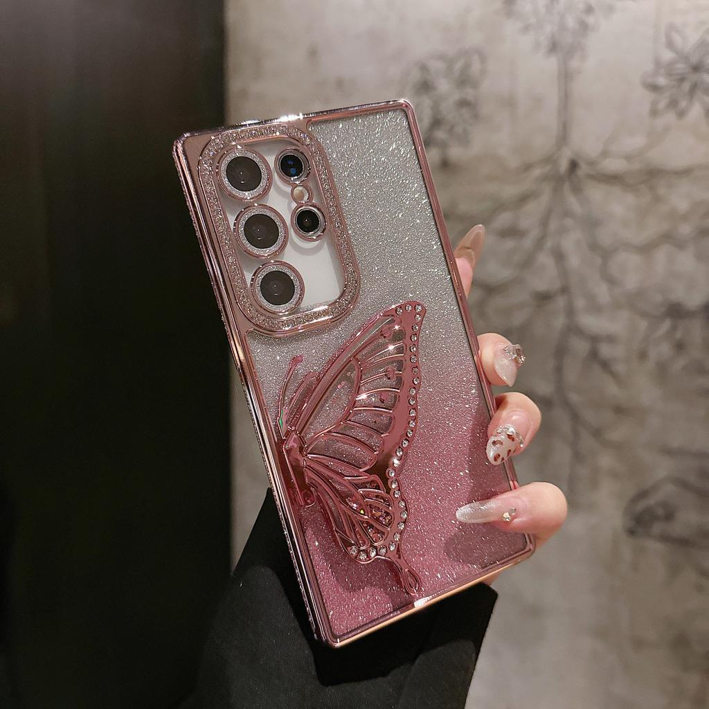 Suitable for Samsung S25ULTRA Electroplated Rhinestone Frame Glitter Butterfly Stand Mobile Phone Case A55 Full Inclusive Lens Film