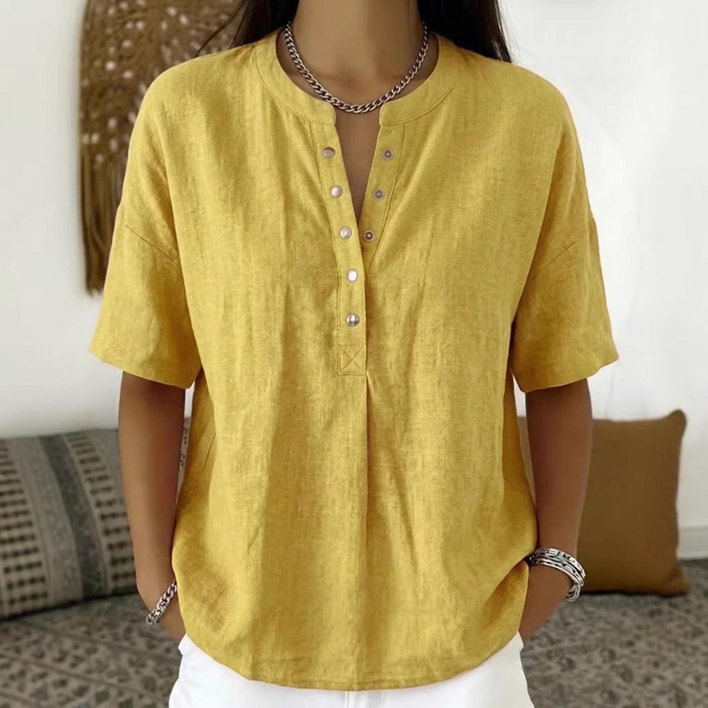 Pink V-Neck Short Sleeve Loose Fit Blouse with Buttons