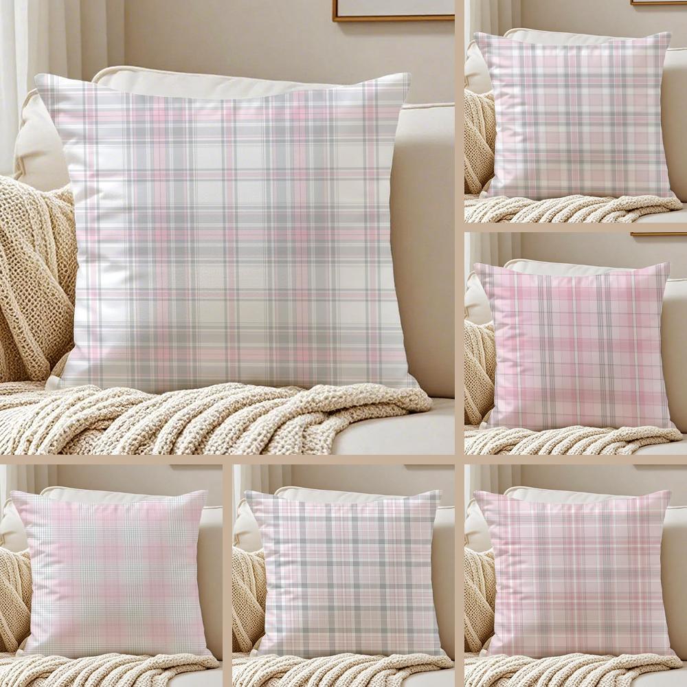 Pink Plaid Cushion Cover Pillowcase Anti-Dustmite Living Room Sofa Decor Cushion Room
