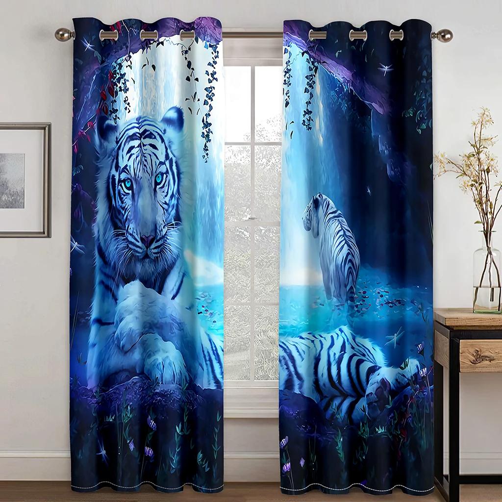 Blue Wolfs Animals Rose Leopard Two Drape Thick Window Curtains for Living Room Bedroom Decor Tiger Pattern High Shading Drape