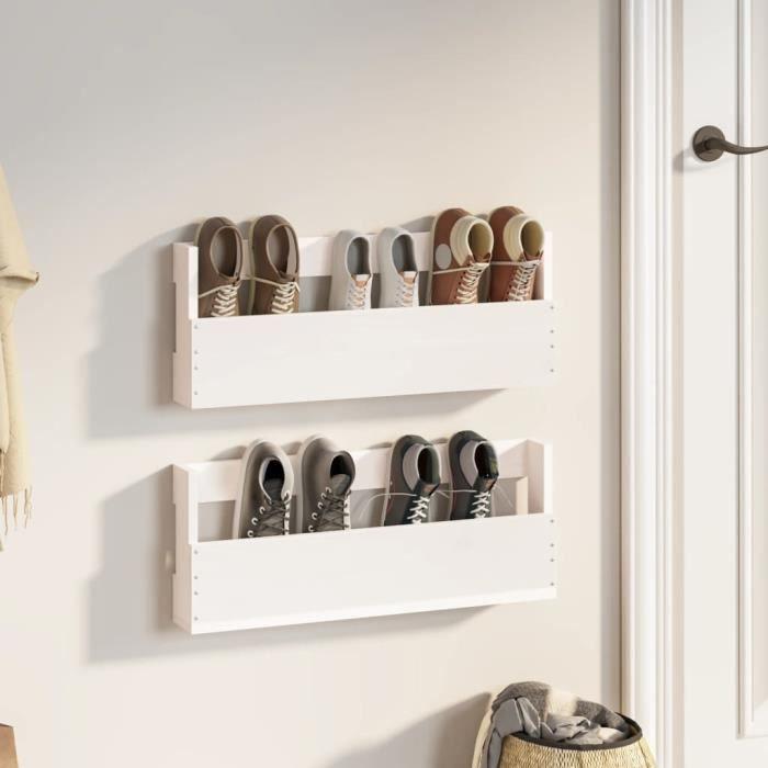 Étagères à chaussures - Blanc - 2 pcs - Bois massif - 59x9x23 cm - Design contemporain