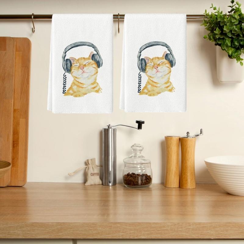Set of 2 Decorsative Cats Themed Kitchen Towels Quick Drying Dishcloths Hand Towel For Countertop Decors Practical Use