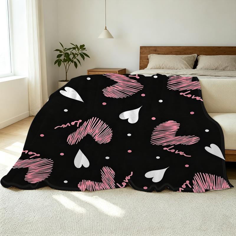 Lightweight Flannel Blanket Heart Pattern, Soft Warm, Home & Car Use, Perfect Valentine's Gift