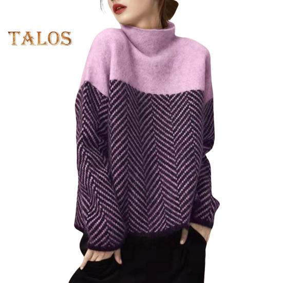 Women Sweater Half High Collar Long Sleeve Color-Blocked Loose Fit Knitting Top Autumn Winter Thick Warm Pullover Tops