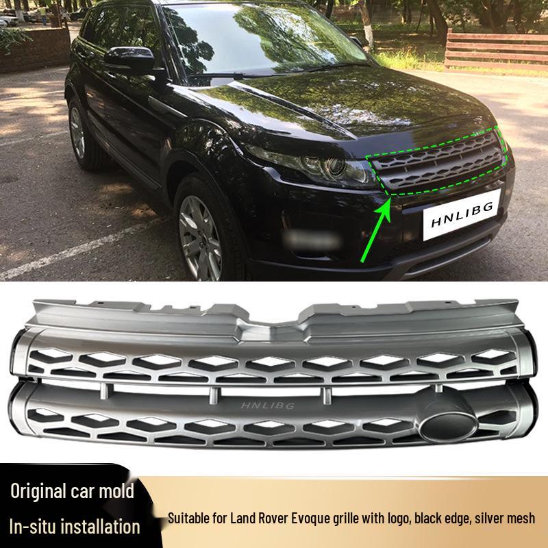 Compatible Grille with Emblem for Land Rover Range Rover Evoque: Black Edge Silver Mesh Front Bumper Grille.