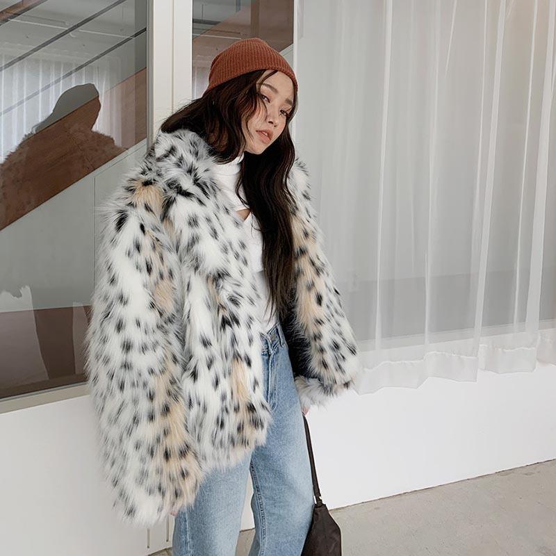 S-2XL Winter Warm Open Stitch Plush Overcoat Women Faux Fox Fur Black White Dot Leopard Cardigan Ladies Thick Short Coat