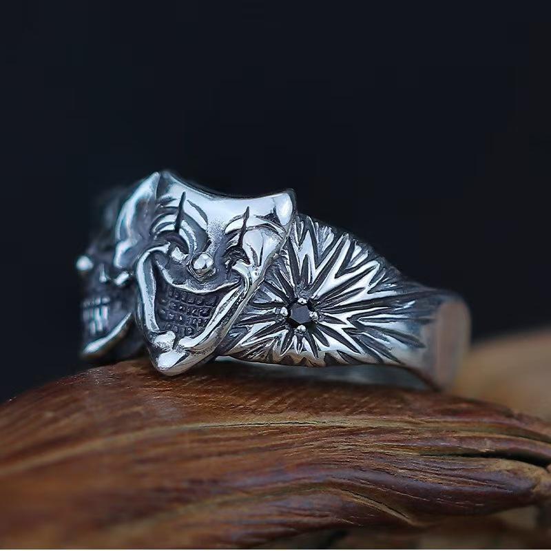New Double-sided Good and Evil Ring Clown Zinc Men's Retro Trendy Ring Gothic Style Handmade Open Ring