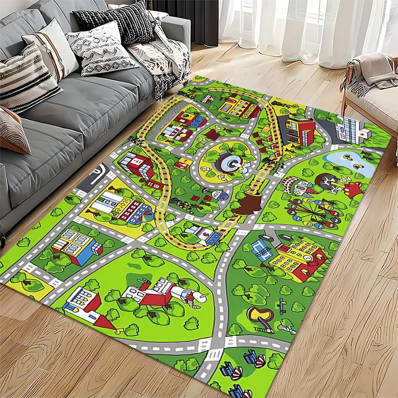 Colorful Town Map with Buildings Non-slip Rug Suitable for Living Room and Bedroom Sofas.