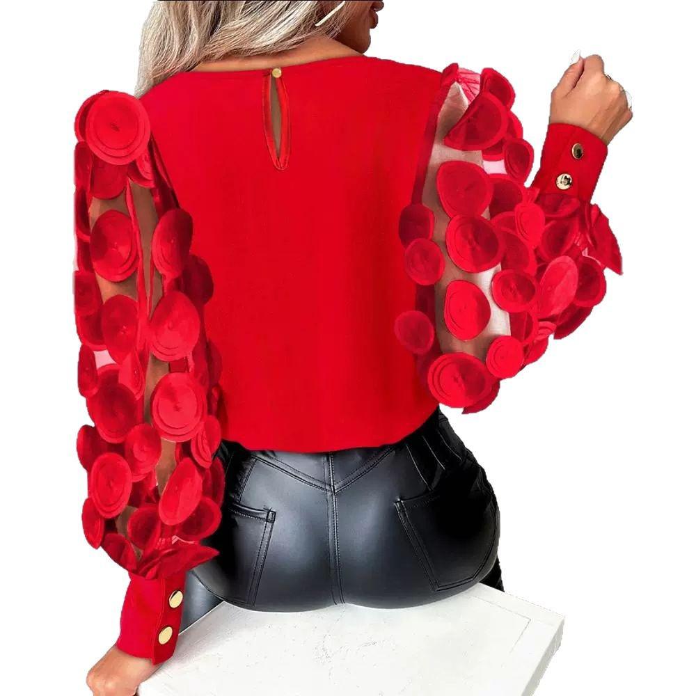 Herbst Rundhals Blütenblattärmel Bluse - Damen Langarm Mode Oberteil