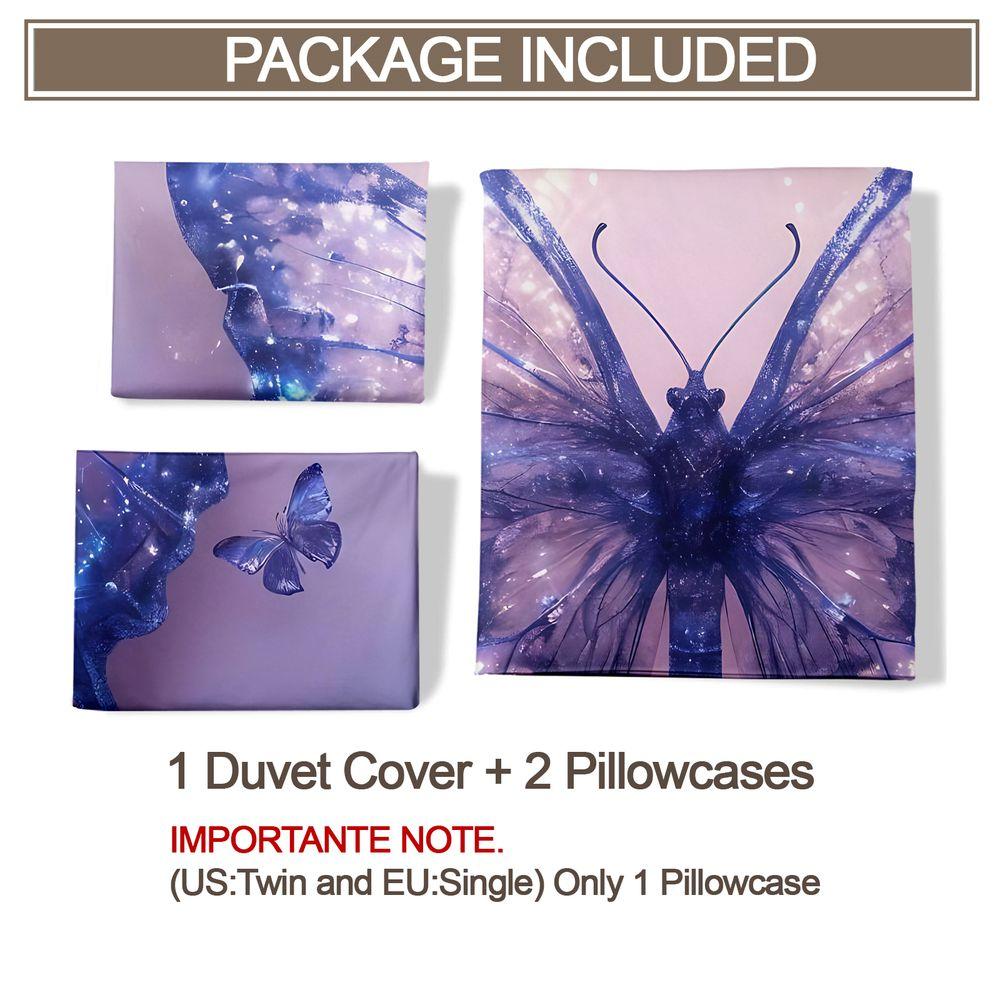 Blue Butterfly Print Duvet Cover Set(1 Duvet Cover & 1/2 Pillowcase) Aesthetic Galaxy Bedding Set For Bedroom Decor