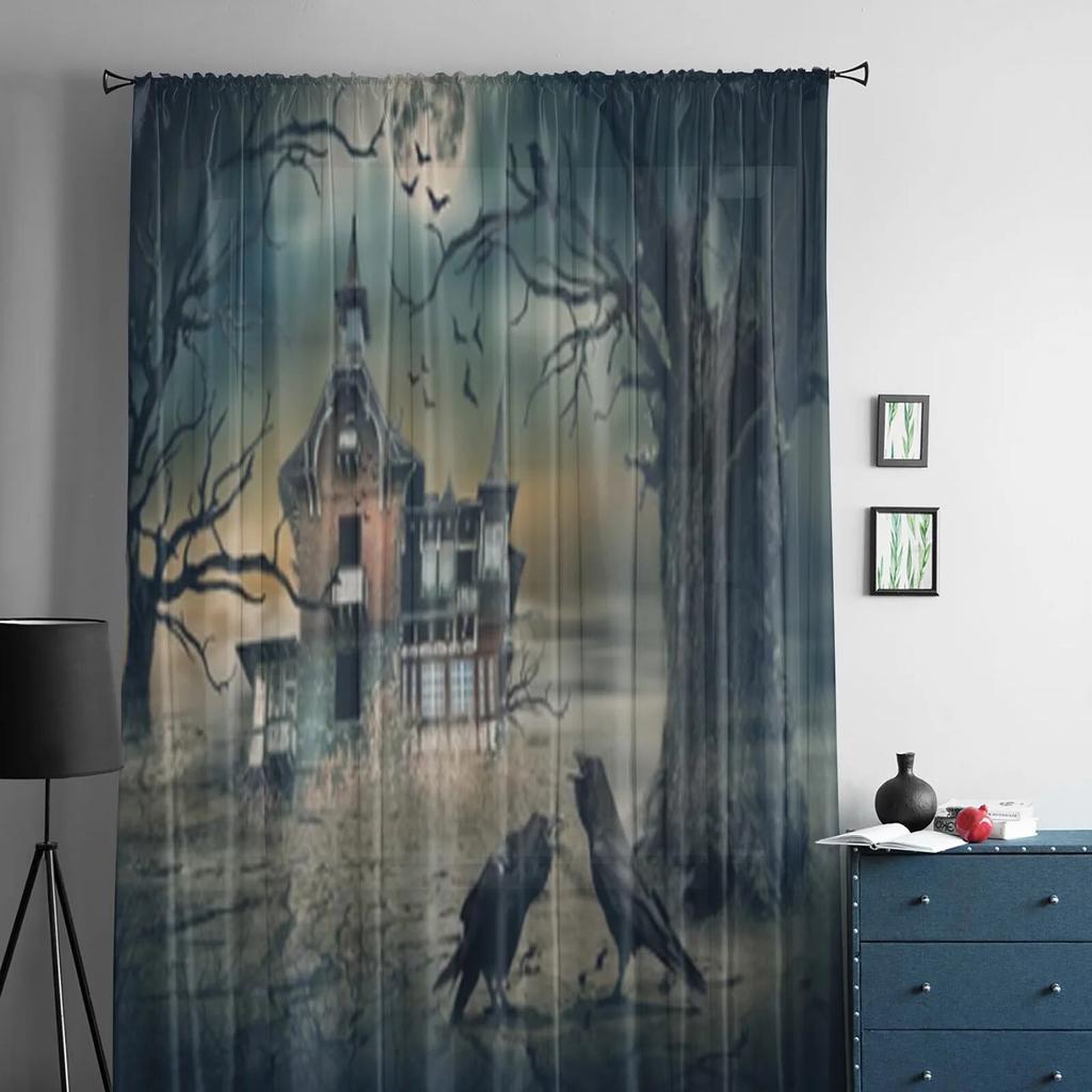 Haunted House Horror Sheer Window Curtains For Living Room Bedroom Modern Voile Tulle Curtains Fabric Drapes For Kitchen