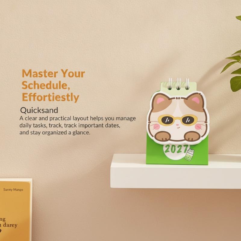 2027 Mini Desktop Calendar Cartoon Cat Prints Desk Calendar Portable Office Home Decoration