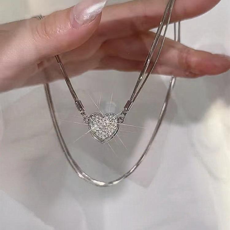 Love Magnetic Necklace for Women Multi-layer Snake Bone Chain for Iron Stone Diamond Inlaid Love Necklace Niche Temperament Clavicle Chain