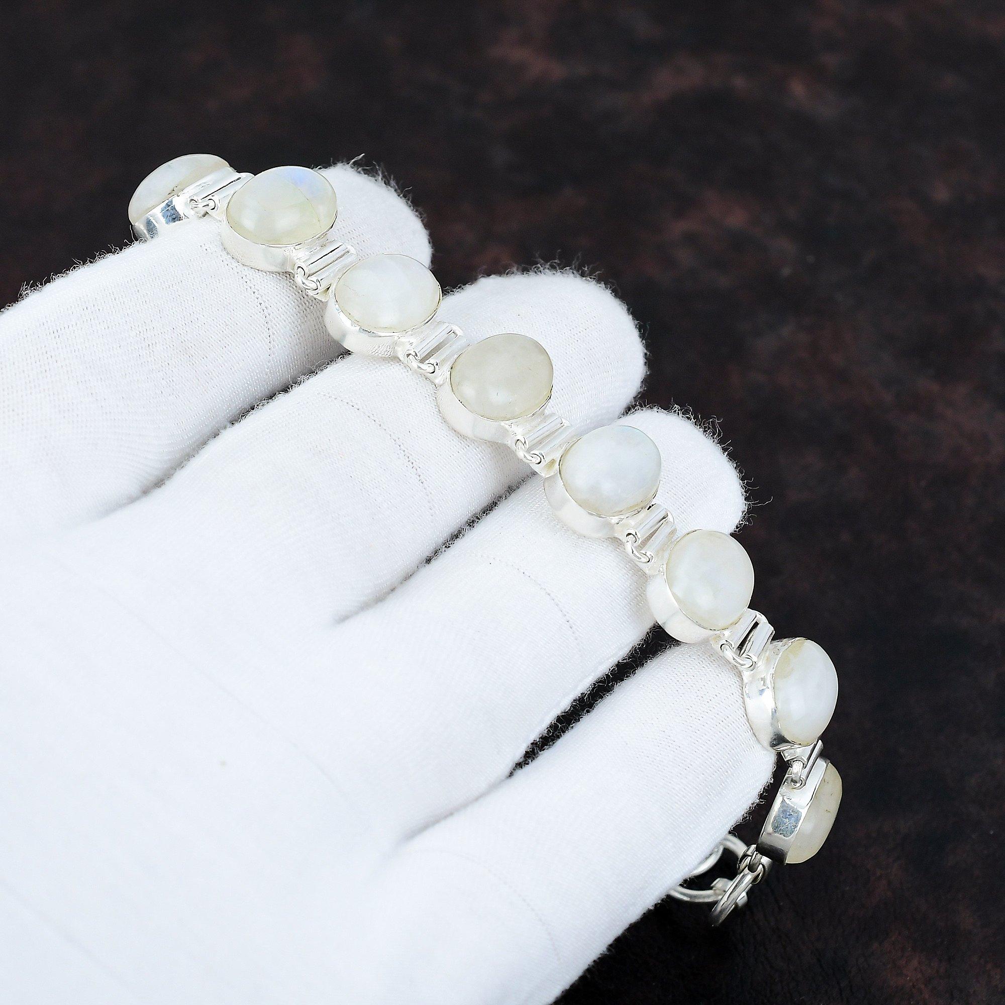 Bracelet, Pierre De Lune Arc En Ciel, Cordon Gris Souris