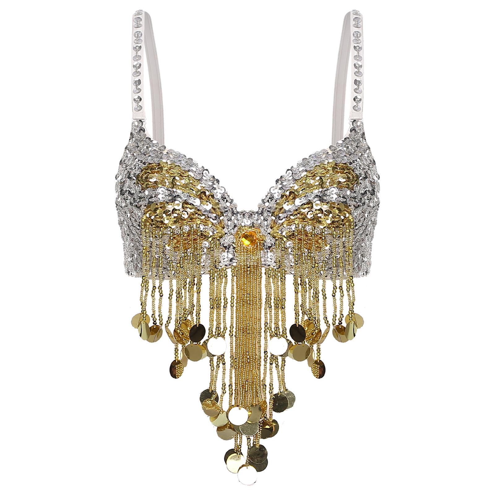 

Womens Beaded Tassels Belly Dance Tops Stage Performance Costume Adjustable Straps Shiny Sequins Underwired Bra