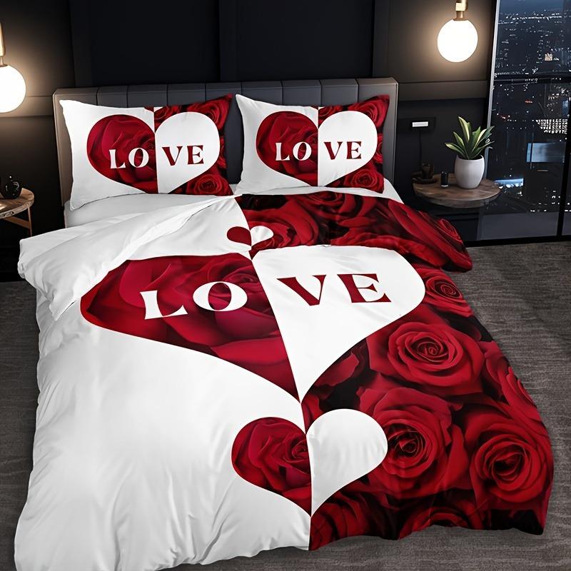 10% Polyester Breathable Soft with Soft Fabric Duvet Cover Set Red plus White Love Heart Rose Letering Al-Season Digital Print Machine Washable