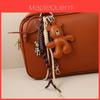 Leather Brown Bear Keychain With Articulated Limbs And Geometric Design For Fashion Accessories
