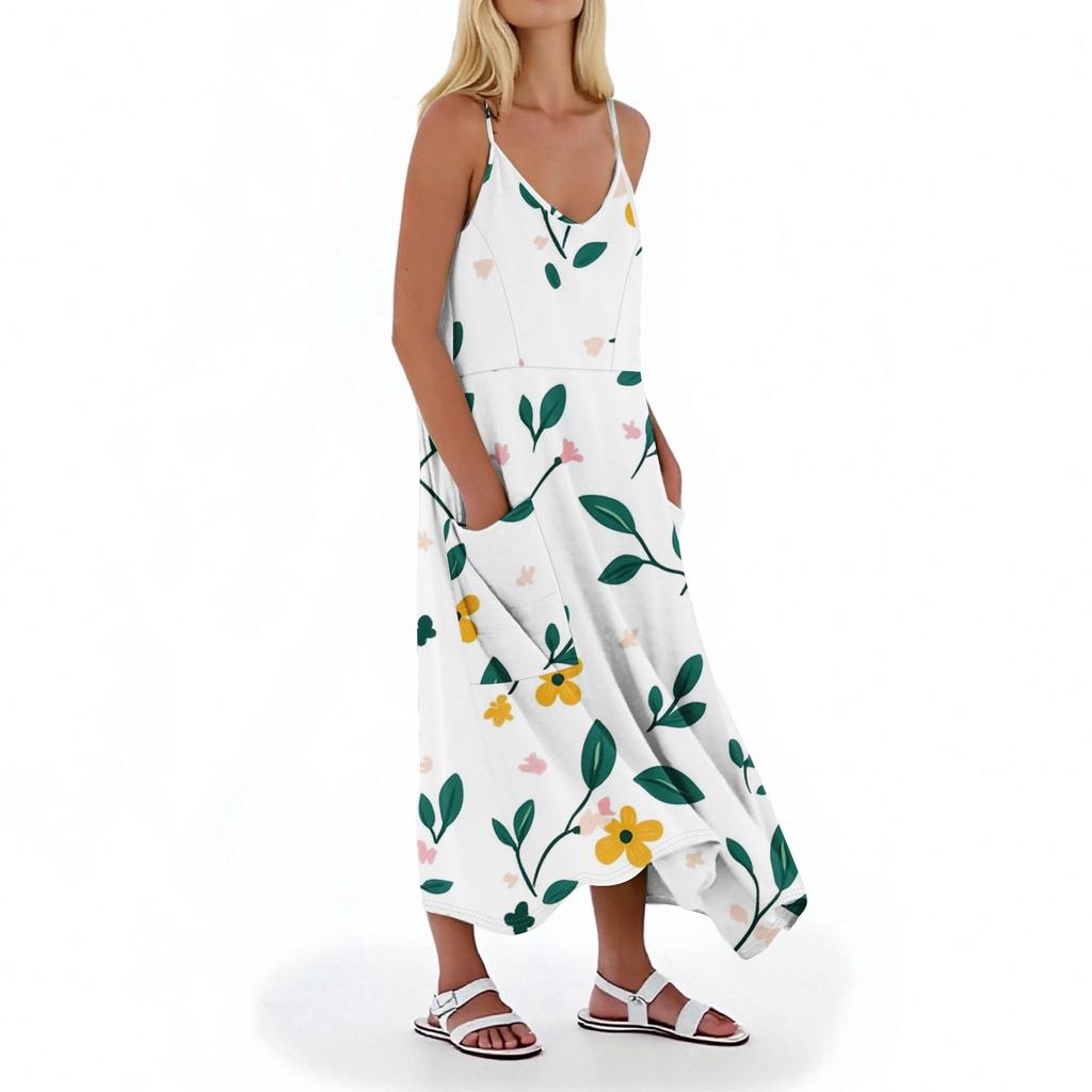 Women's Casual V Neck Floral Print Sleeveless Pocket Suspender Dress