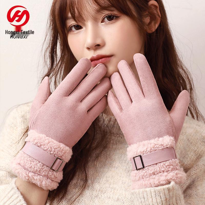 Women's Winter Touchscreen Suede Gloves - Velvet Thickened, Windproof, and Warm for Cycling and Outdoor Protection.