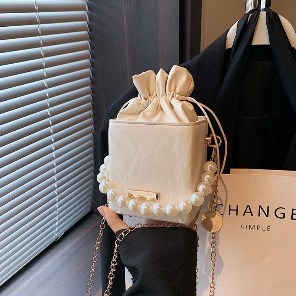 Pearl Waist Bag Fashion Chain Handbag Gifts All-match Drawstring Handbag Vintage Shoulder Crossbody PU Leather Small Square Bag