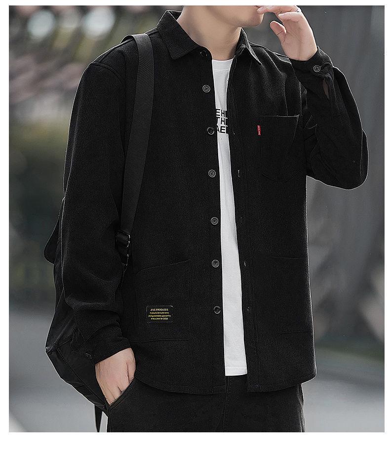 Men's Autumn Long Sleeve Velvet Corduroy Jacket with Real Pockets - Solid Color Casual and Trendy Shirt