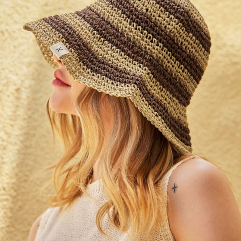 

VARZAR Striped Paper Bucket Hat Brown FREE