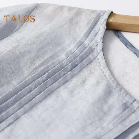 Sommerkjole for kvinner i plussstørrelse i lin, avslappet blomstermønstret rund hals 3/4 erme midikjole løs flytende strandkjole